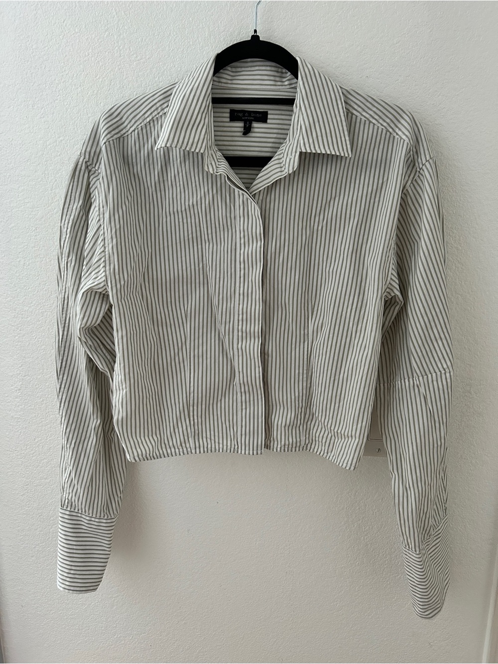 Rag & Bone Becca Stripe Crop Poplin Shirt Moss Cotton Button Up - Picture 2 of 8